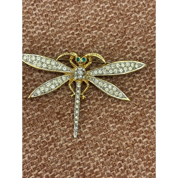 Jewelry - Vintage Gold Tone Dragonfly Brooch Clear Rhinestone Green Eyes Insect Pin